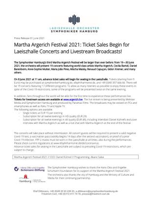 Martha Argerich Festival 2021: Ticket Sales Begin for Laeiszhalle Concerts and Livestream Broadcasts!