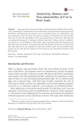 Analyticity, Balance and Non-Admissibility of in Stoic Logic