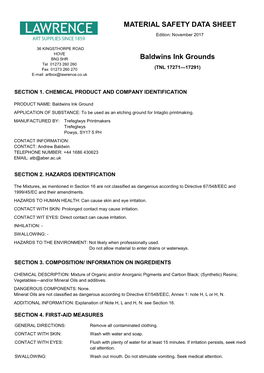 Baldwins Ink Grounds MATERIAL SAFETY DATA SHEET