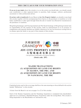 Major Transactions (1) Acquisition of Land Use Rights in Xiamen, the Prc; and (2) Acquisition of Land Use Rights in Nanchang, the Prc