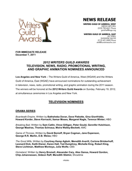 2012 Writers Guild Awards Television, News, Radio, Promotional Writing, and Graphic Animation Nominees Announced