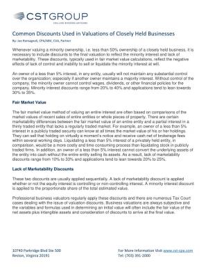 Common Discounts Used in Valuations of Closely Held Businesses By: Joe Romagnoli, CPA/ABV, CVA, Partner