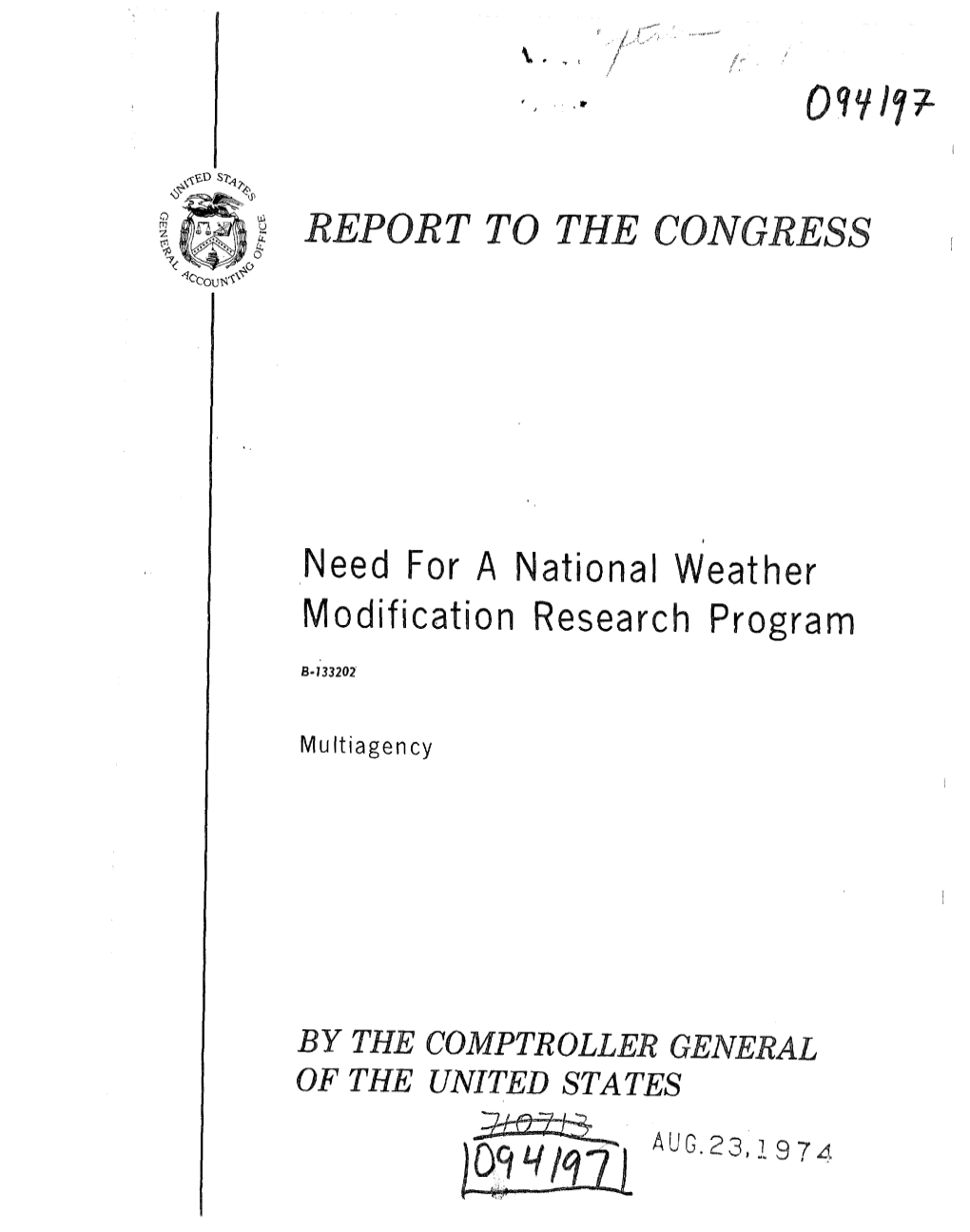 B-133202 Need for a National Weather Modification Reseach Program