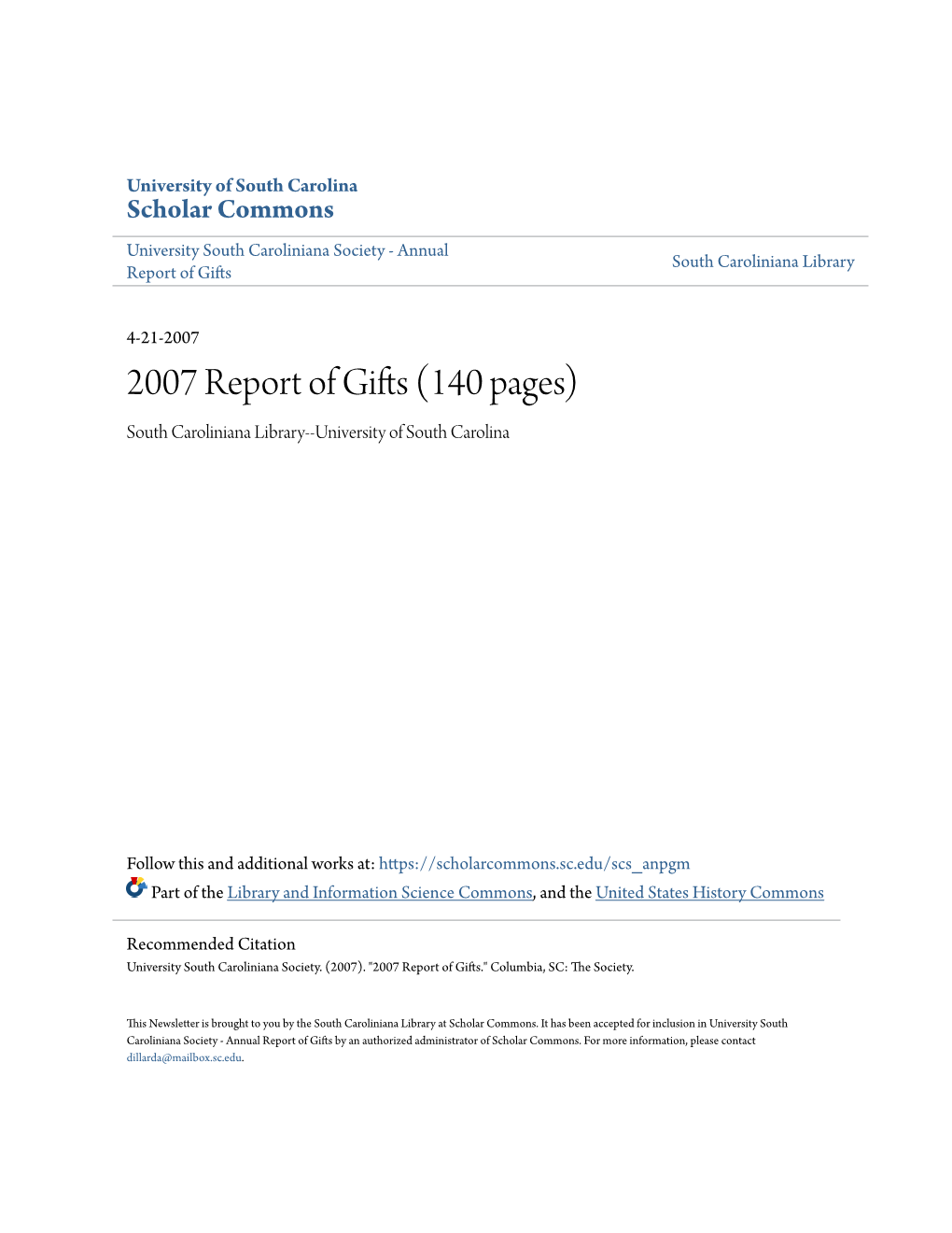 2007 Report of Gifts (140 Pages) South Caroliniana Library--University of South Carolina