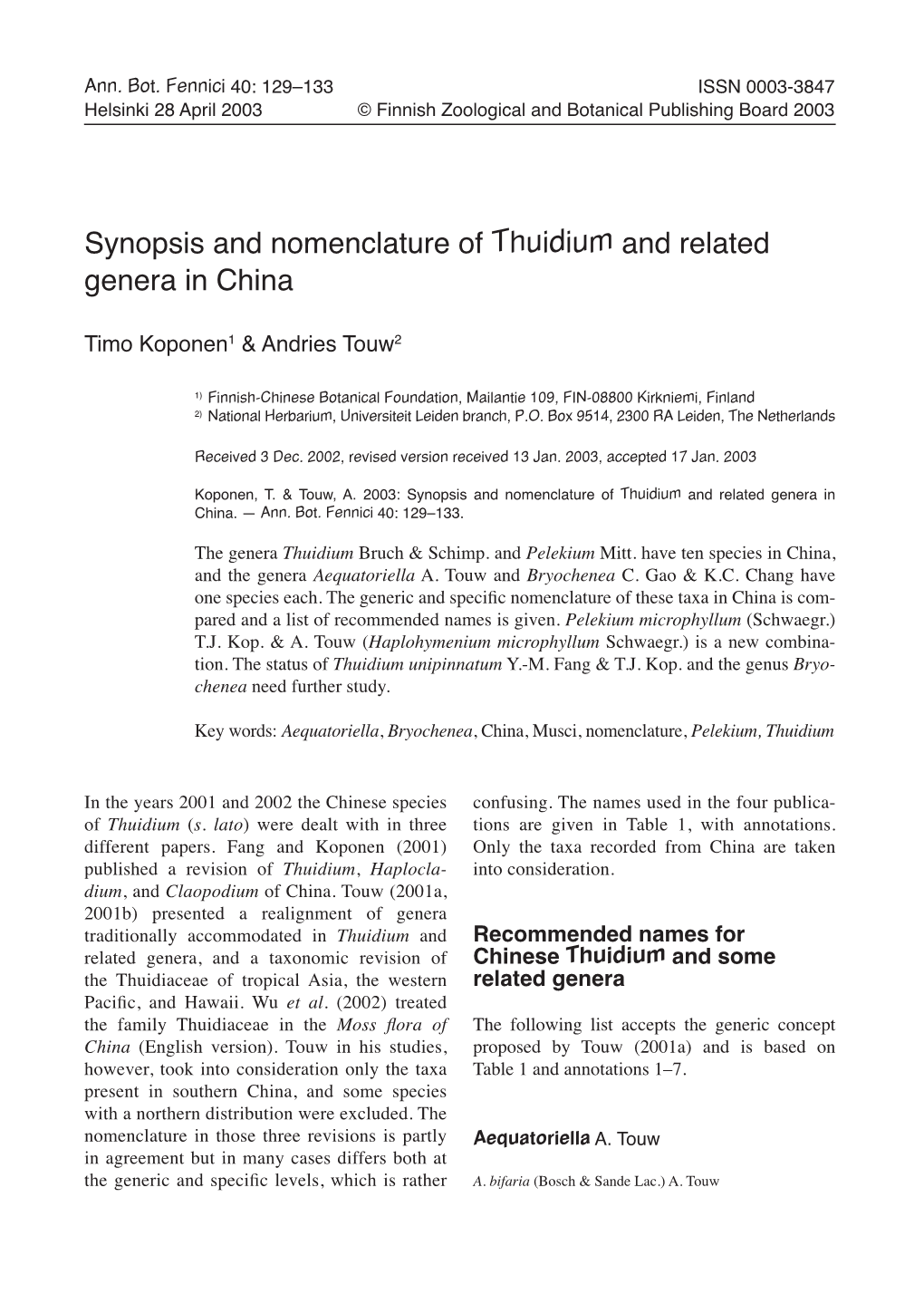 Thuidium and Related Genera in China