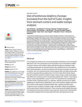 Diet of Bottlenose Dolphins (Tursiops Truncatus) from the Gulf of Cadiz: Insights from Stomach Content and Stable Isotope Analyses