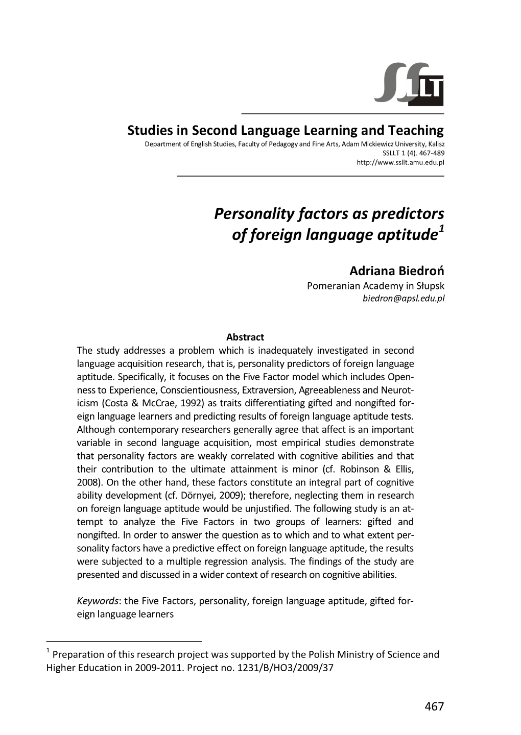 Personality Factors As Predictors of Foreign Language Aptitude1