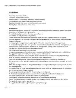 Prof. DA Agboola: BOT221: Seedless Plants/Cryptogamic Botany 1