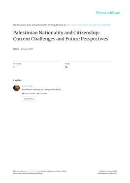 Palestinian Nationality and Citizenship: Current Challenges and Future Perspectives