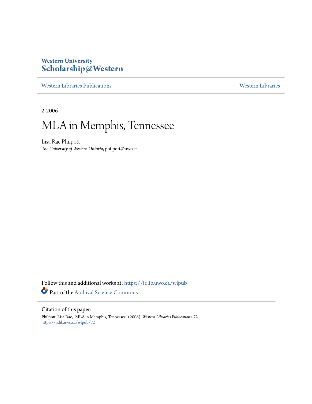 MLA in Memphis, Tennessee Lisa Rae Philpott the University of Western Ontario, Philpott@Uwo.Ca