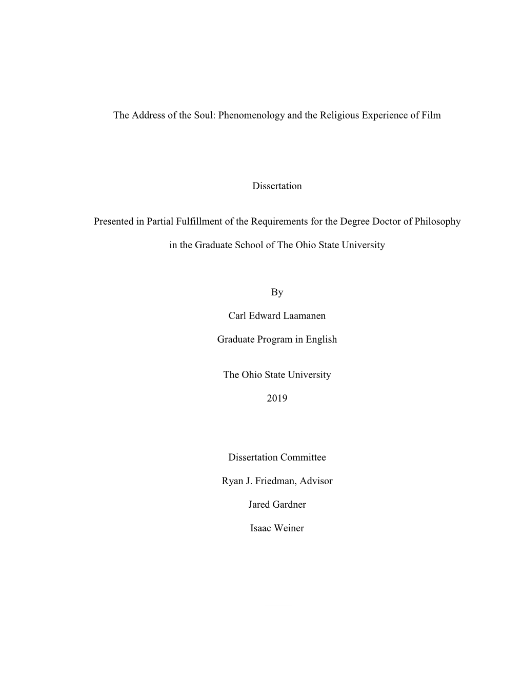 Phenomenology and the Religious Experience of Film Dissertation