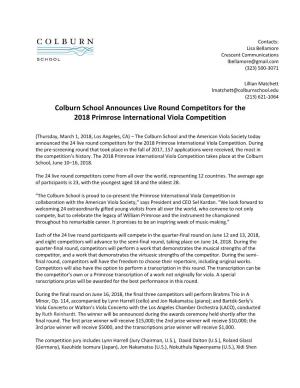 Colburn School Announces Live Round Competitors for the 2018 Primrose International Viola Competition