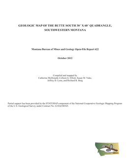 Geologic Map of the Butte South 30ˊ X 60ˊ Quadrangle, Southwestern Montana