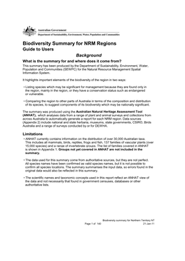 Northern Territory NT Page 1 of 140 21-Jan-11 Reading the Biodiversity Summary the Summary Is Divided Into Two Sections: Highlightsand Species List