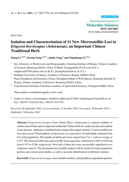 Isolation and Characterization of 11 New Microsatellite Loci in Erigeron Breviscapus (Asteraceae), an Important Chinese Traditional Herb