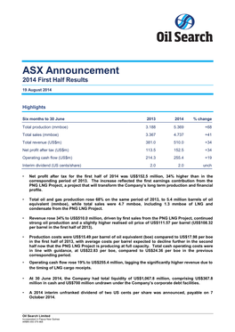 ASX Announcement 2014 First Half Results