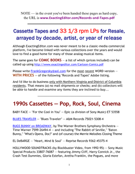 Arrayed by Decade, Artist, Or Year of Release 1990S Cassettes — Pop
