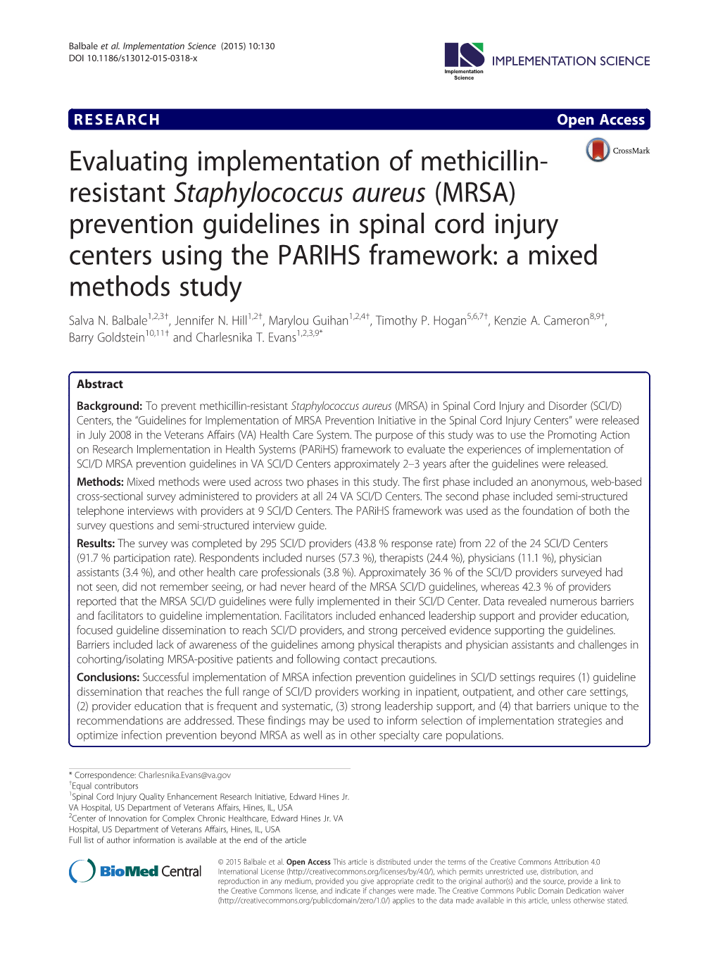 (MRSA) Prevention Guidelines in Spinal Cord Injury Centers Using the PARIHS Framework: a Mixed Methods Study Salva N