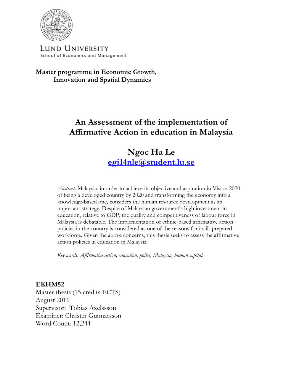 An Assessment of the Implementation of Affirmative Action in Education in Malaysia