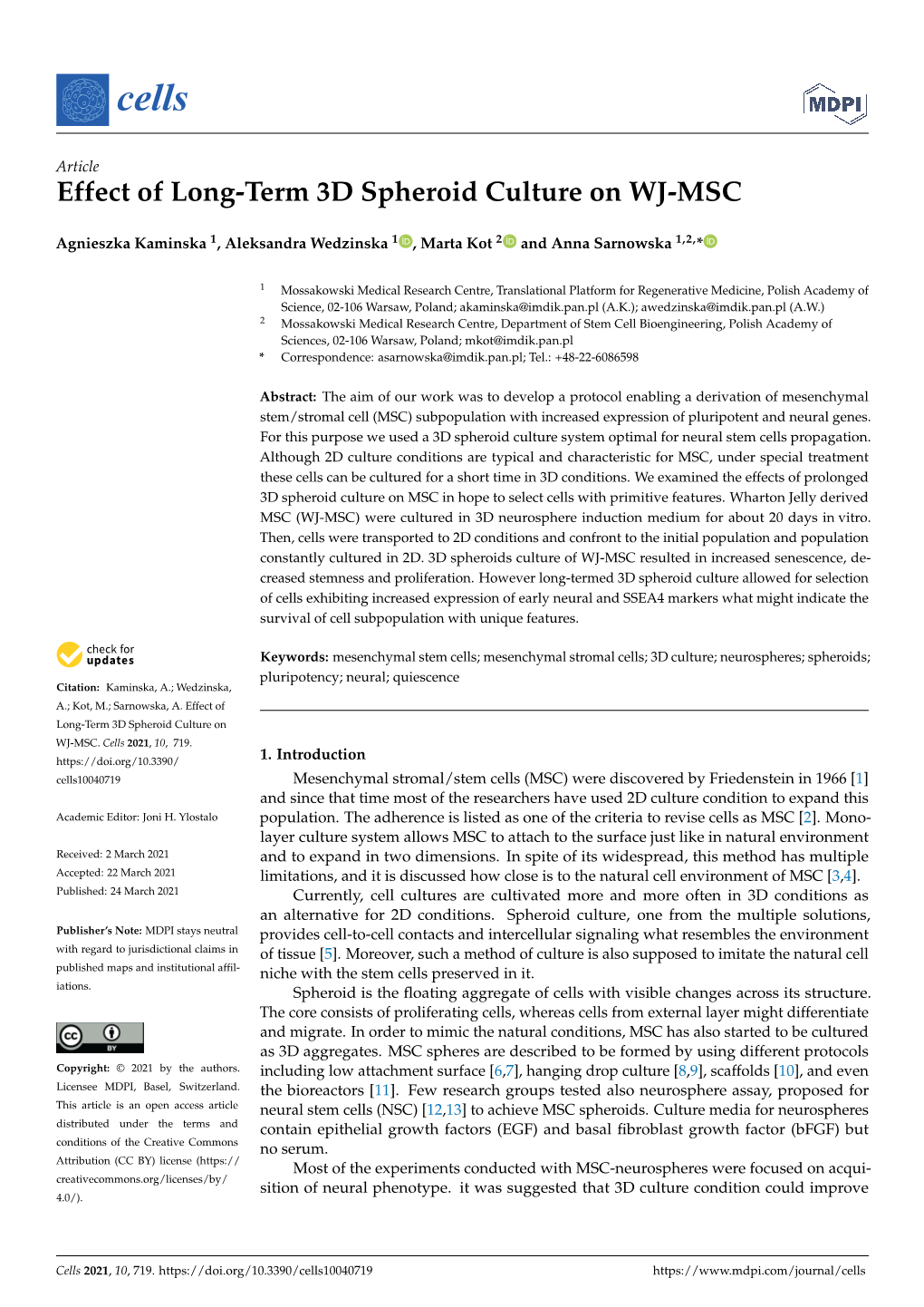 Effect of Long-Term 3D Spheroid Culture on WJ-MSC