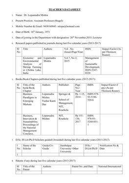 Dr. Lopamudra Mishra 2. Present Position: Assistant Professor (Stagei)
