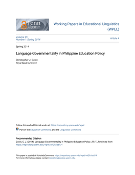 Language Governmentality in Philippine Education Policy