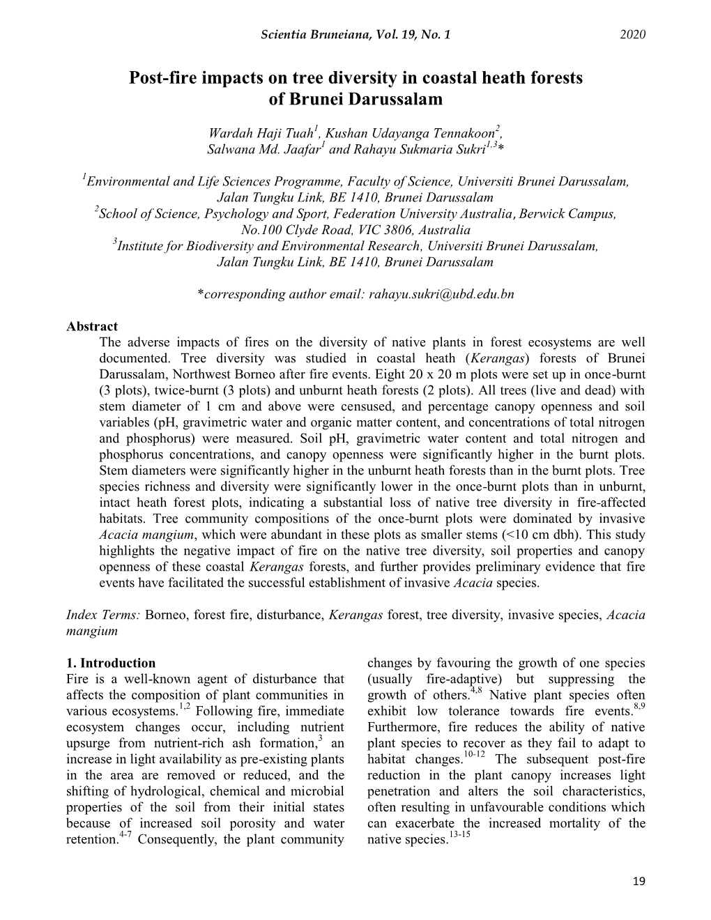 Post-Fire Impacts on Tree Diversity in Coastal Heath Forests of Brunei Darussalam