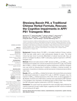 Shexiang Baoxin Pill, a Traditional Chinese Herbal Formula, Rescues the Cognitive Impairments in APP/ PS1 Transgenic Mice