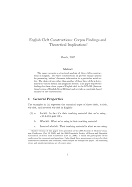 English Cleft Constructions: Corpus Findings and Theoretical Implications∗