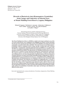 Diversity of Bacteria in Ants (Hymenoptera: Formicidae) from Canopy and Understory of Selected Trees at Mount Makiling Forest Reserve, Laguna, Philippines