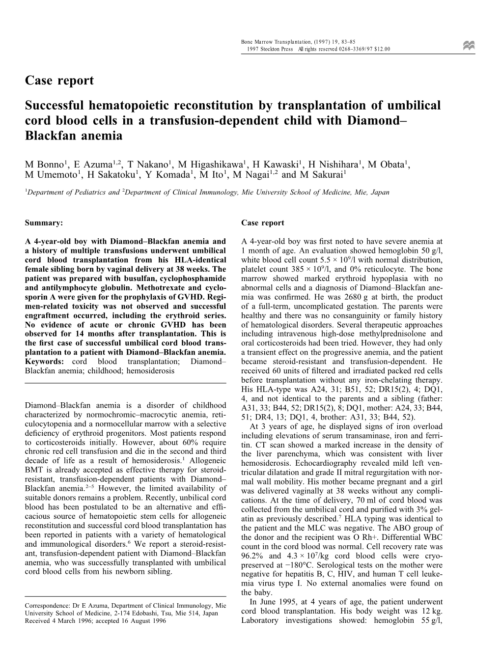 Case Report Successful Hematopoietic Reconstitution By Transplantation ...