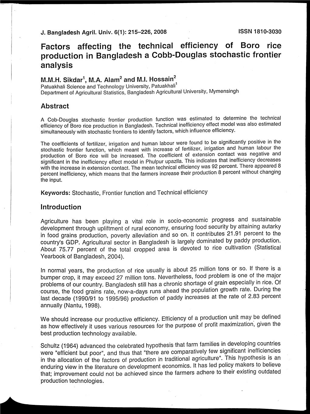 Factors Affecting the Technical Efficiency of Boro Rice Production in Bangladesh a Cobb-Douglas Stochastic Frontier Analysis