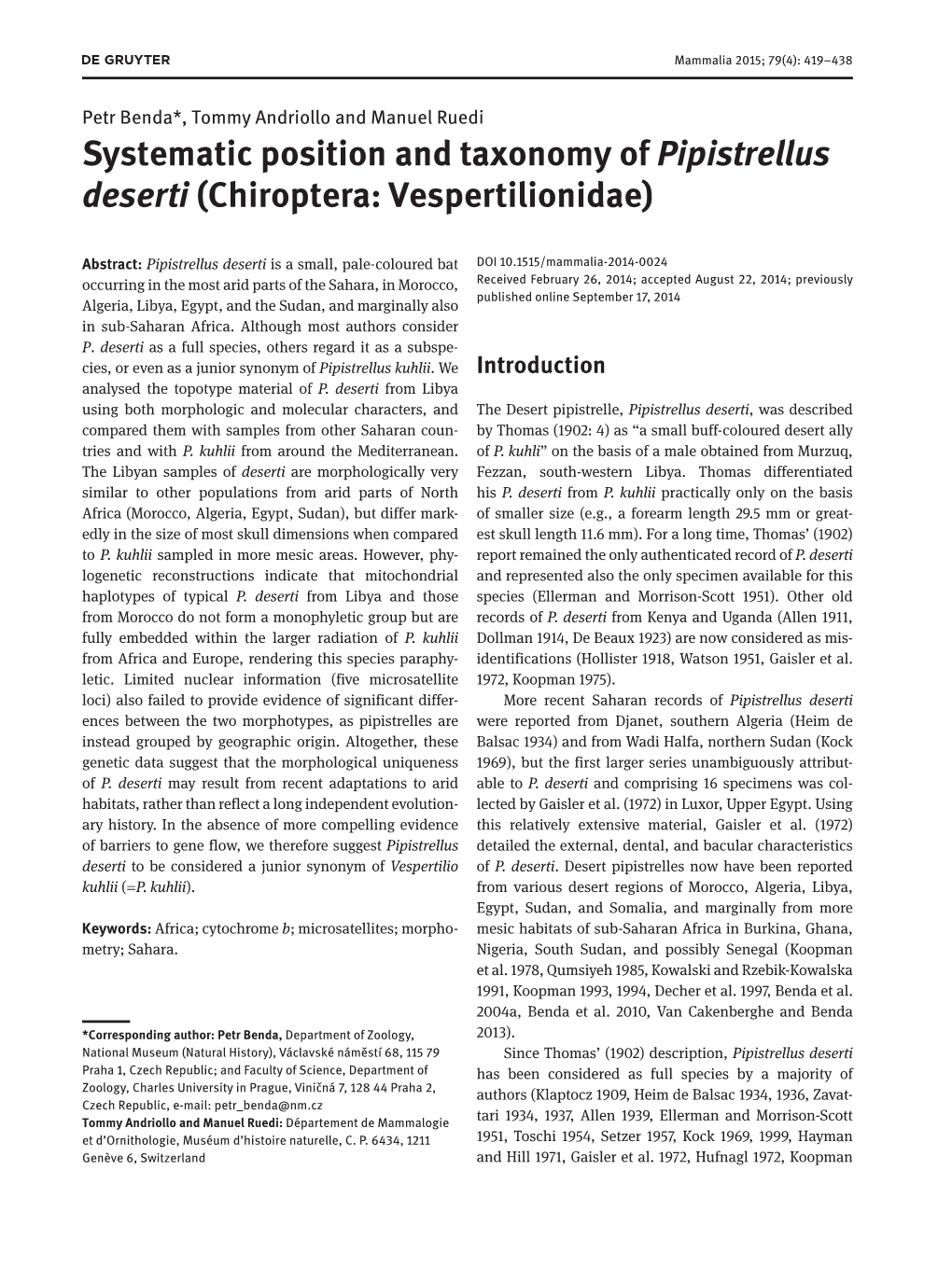 Systematic Position and Taxonomy of Pipistrellus Deserti (Chiroptera: Vespertilionidae)