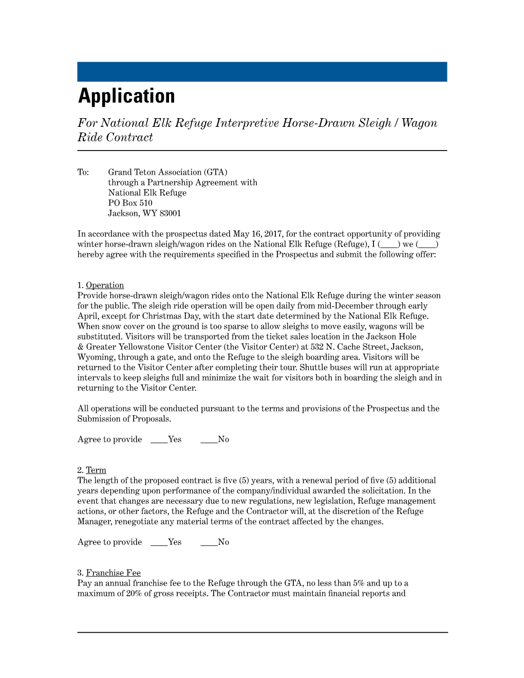 Application for National Elk Refuge Interpretive Horse-Drawn Sleigh / Wagon Ride Contract