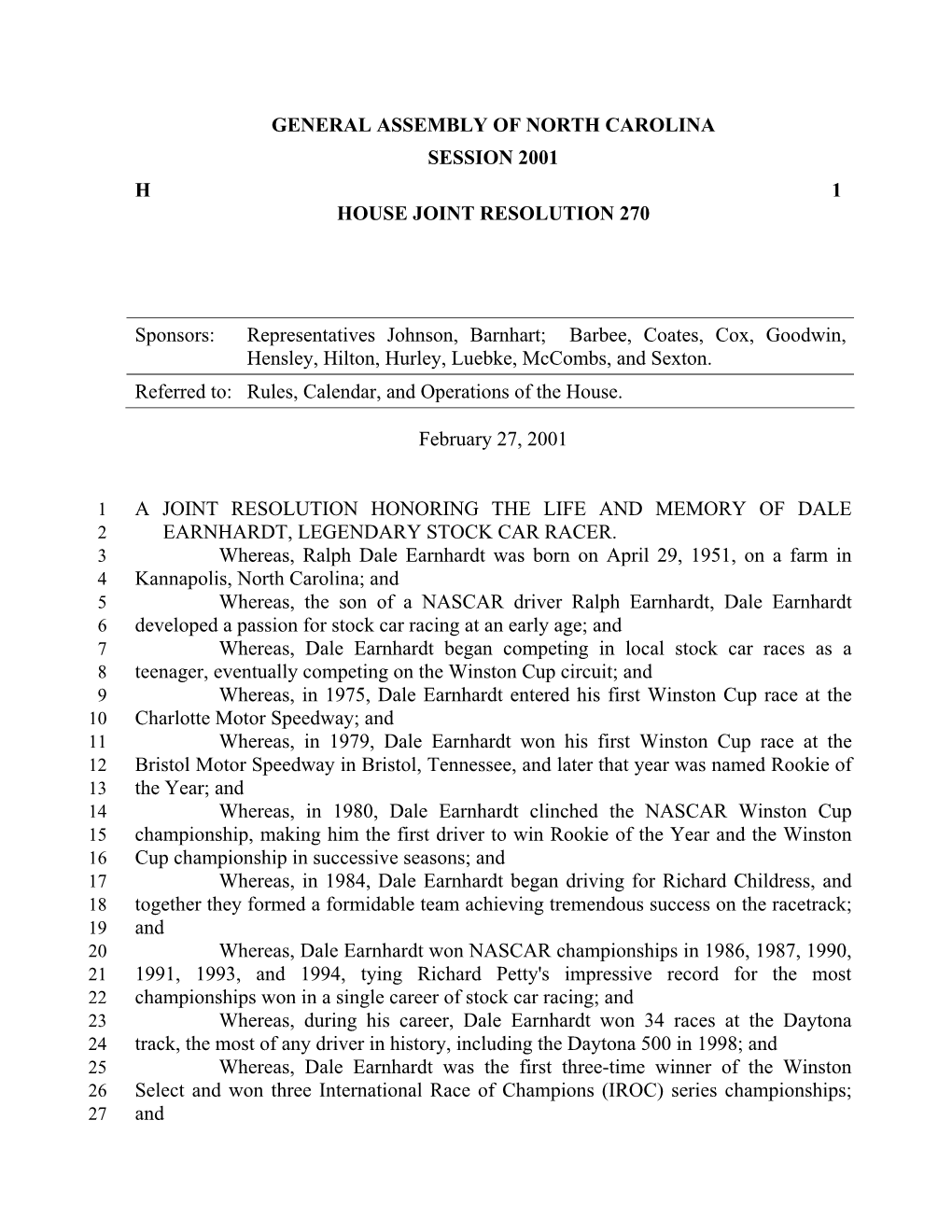 General Assembly of North Carolina Session 2001 H 1 House Joint Resolution 270