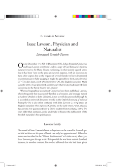 Isaac Lawson, Physician and Naturalist Linnaeus’S Scottish Patron