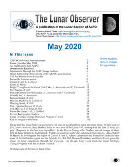 May 2020 in This Issue Online Readers, ALPO Conference Announcement 2 Lunar Calendar May 2020 3 Click on Images an Invitation to Join ALPO 3 for Hyperlinks