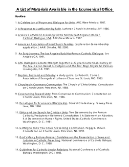 A List of Materials Available in the Ecumenical Office