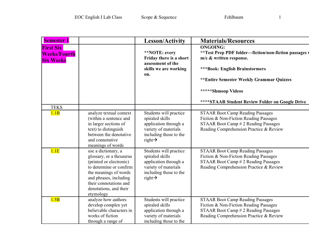 EOC English I Lab Class Scope & Sequence Fehlbaum