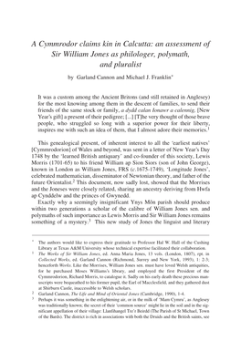 A Cymmrodor Claims Kin in Calcutta: an Assessment of Sir William Jones As Philologer, Polymath, and Pluralist