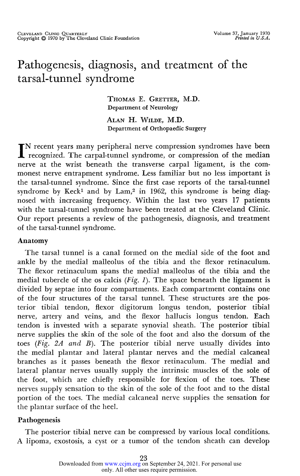 Pathogenesis, Diagnosis, and Treatment of the Tarsal-Tunnel Syndrome