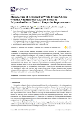 Manufacture of Reduced Fat White-Brined Cheese with the Addition of Β-Glucans Biobased Polysaccharides As Textural Properties Improvements