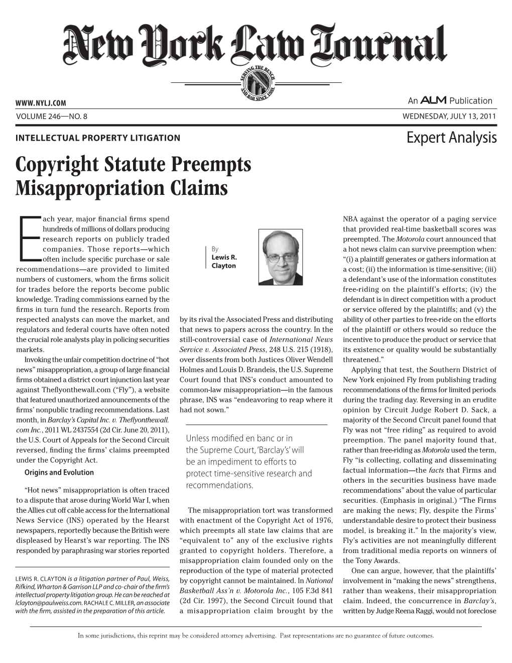 Copyright Statute Preempts Misappropriation Claims