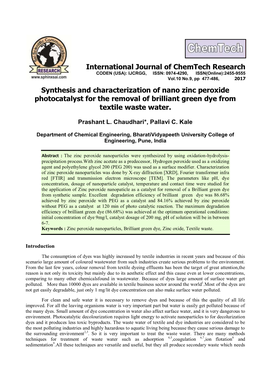 Synthesis and Characterization of Nano Zinc Peroxide Photocatalyst for the Removal of Brilliant Green Dye from Textile Waste Water