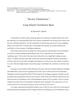 Society Chameleons: Long Island’S Gentlemen Spies.” the Nassau Country Historical Society Journal 55 (2000):22-38