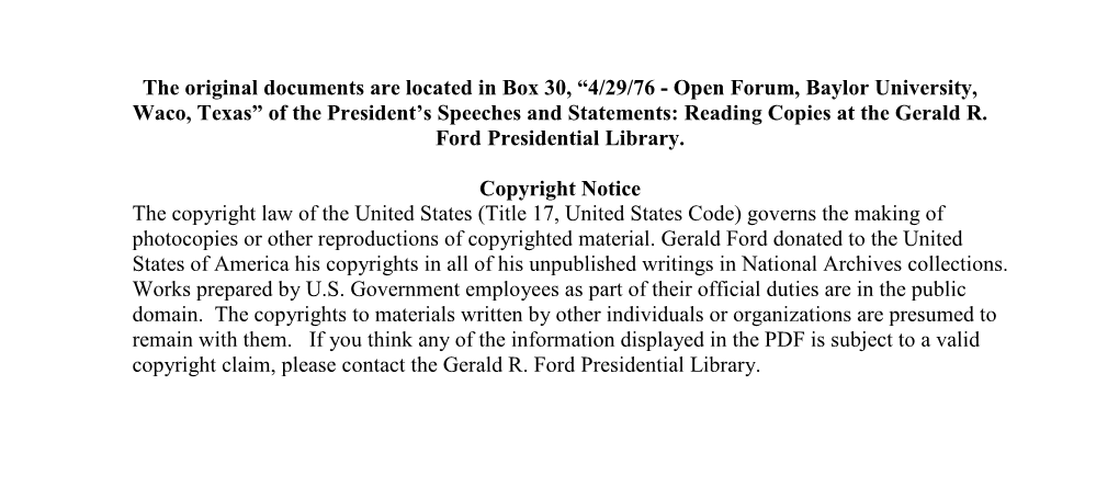 Open Forum, Baylor University, Waco, Texas” of the President’S Speeches and Statements: Reading Copies at the Gerald R