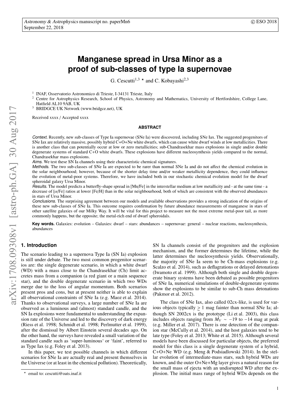 Manganese Spread in Ursa Minor As a Proof of Sub-Classes of Type Ia