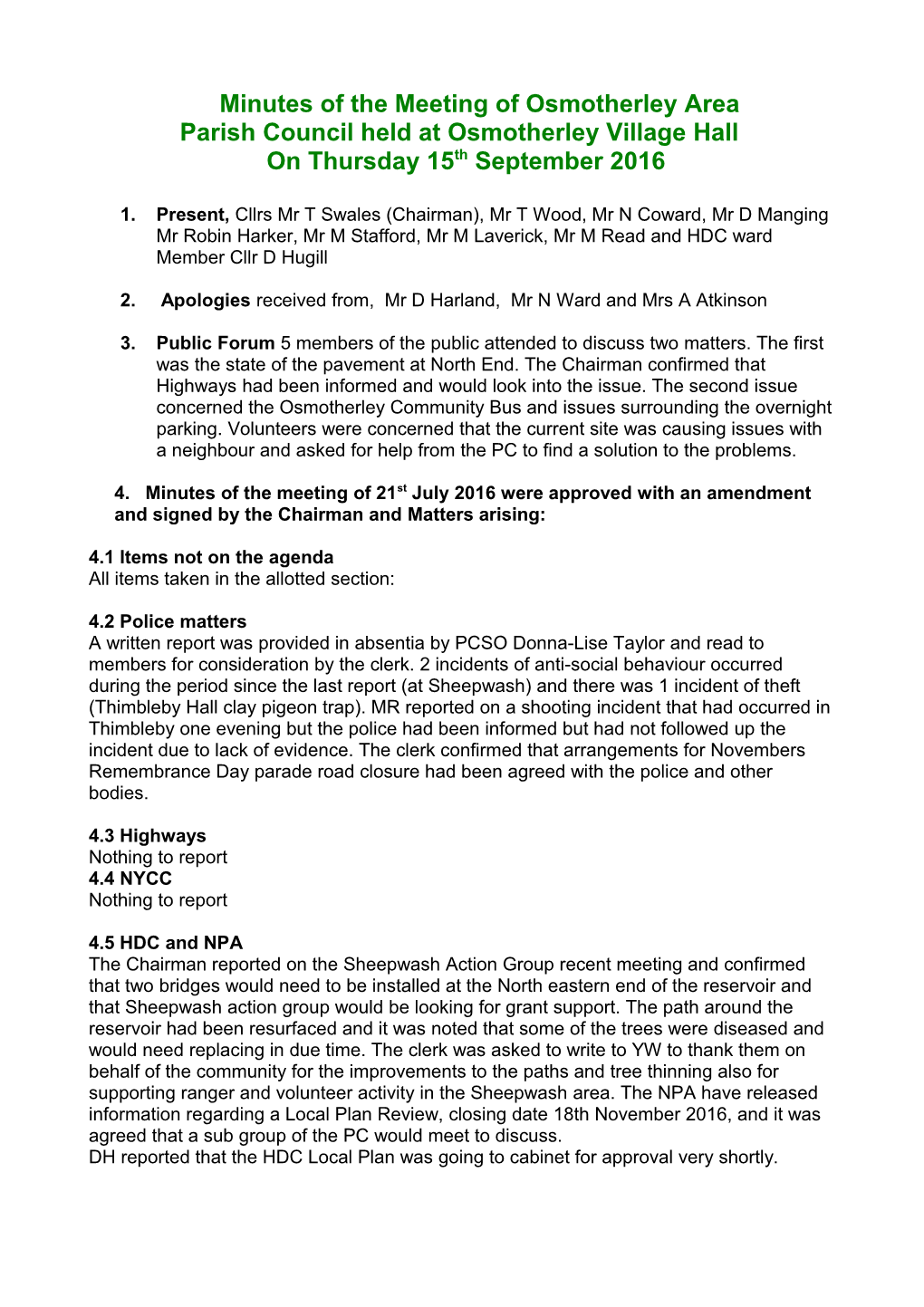 Minutes of the Meeting of Osmotherley Area Parish Council Held in Church House on Thursday