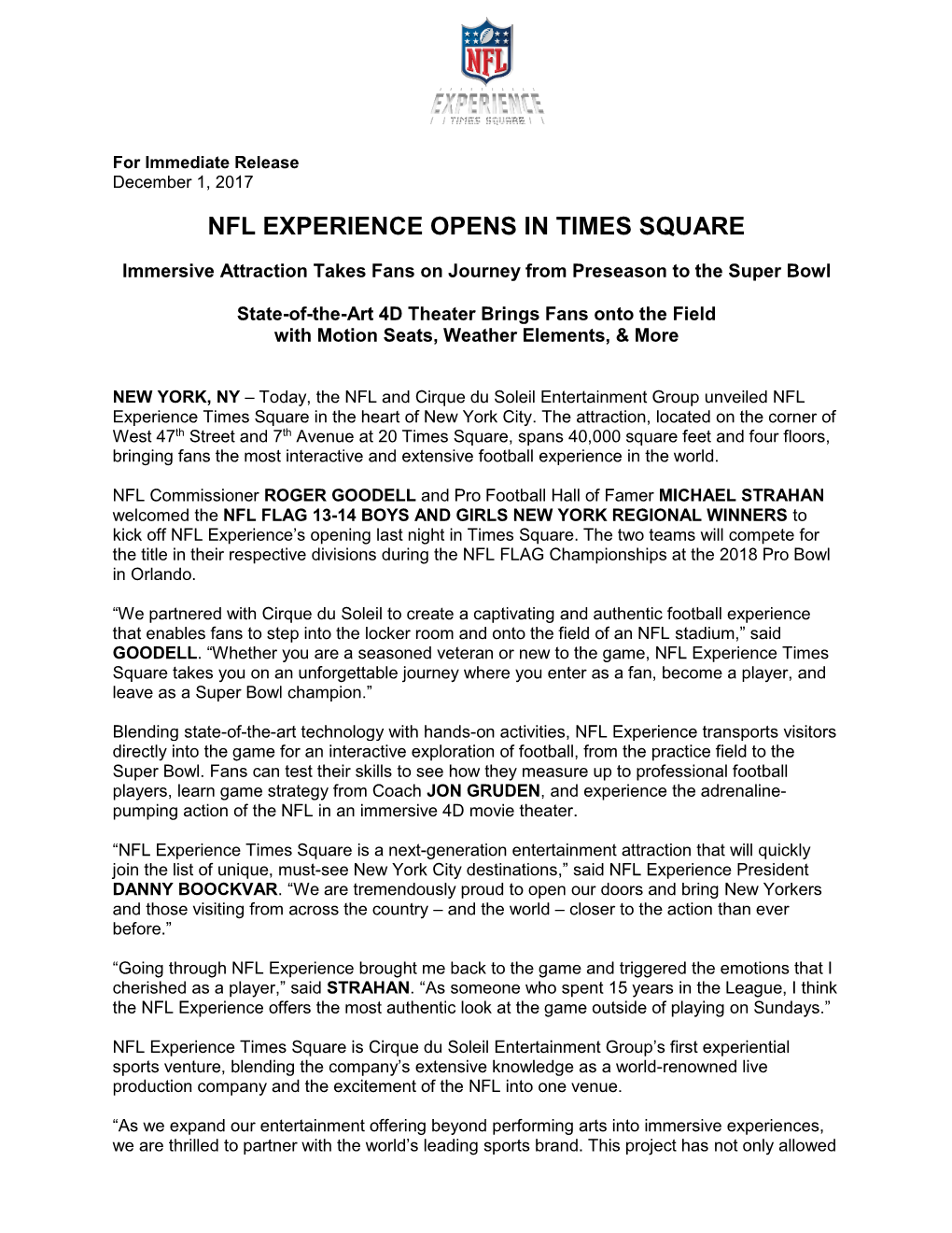 Nfl Experience Opens in Times Square