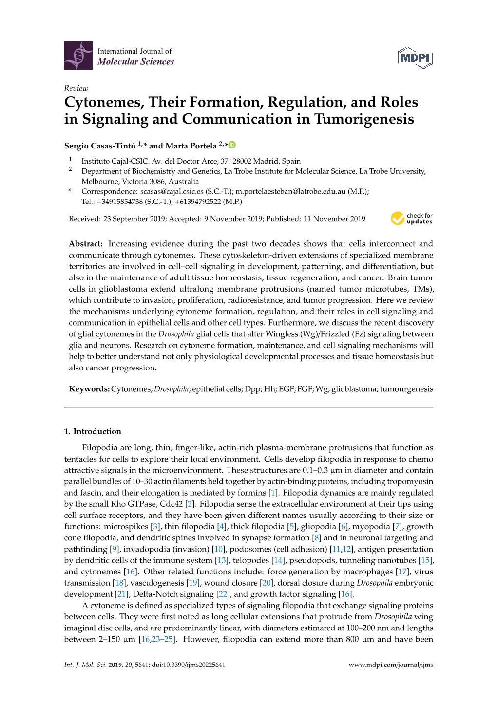 Cytonemes, Their Formation, Regulation, and Roles in Signaling and Communication in Tumorigenesis
